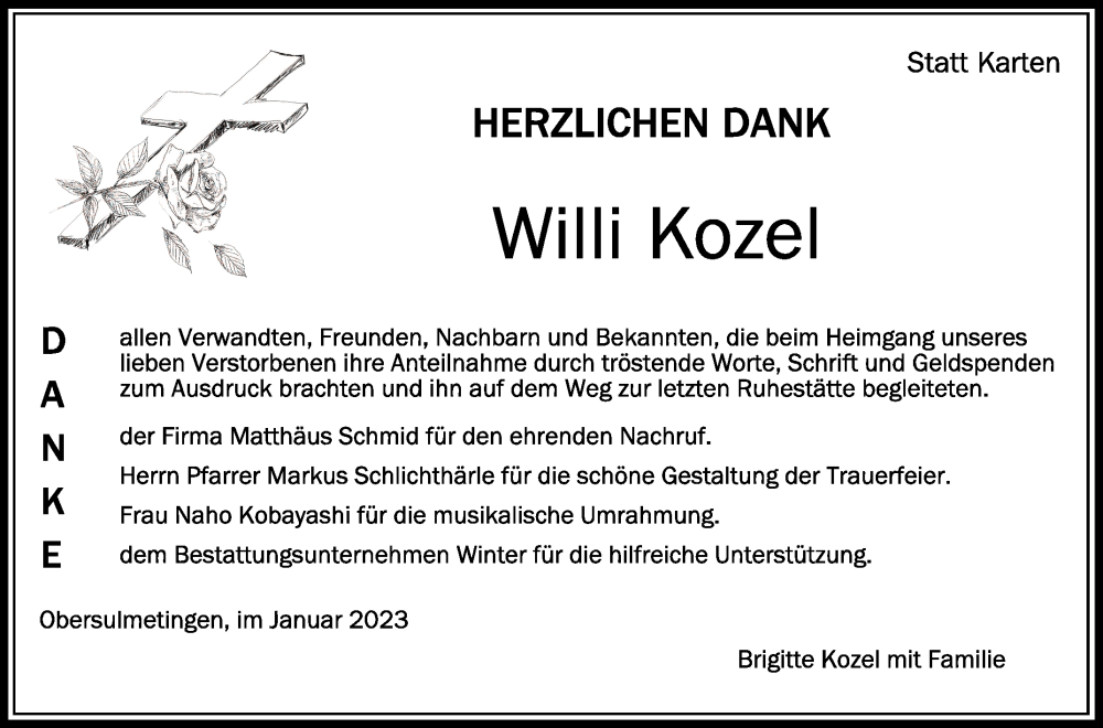  Traueranzeige für Willi Kozel vom 31.01.2023 aus Schwäbische Zeitung
