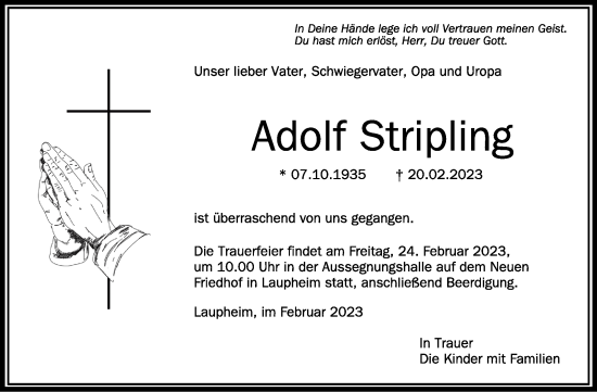 Anzeige von Adolf Stripling von Schwäbische Zeitung