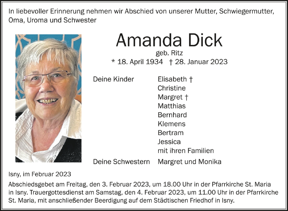  Traueranzeige für Amanda Dick vom 01.02.2023 aus Schwäbische Zeitung