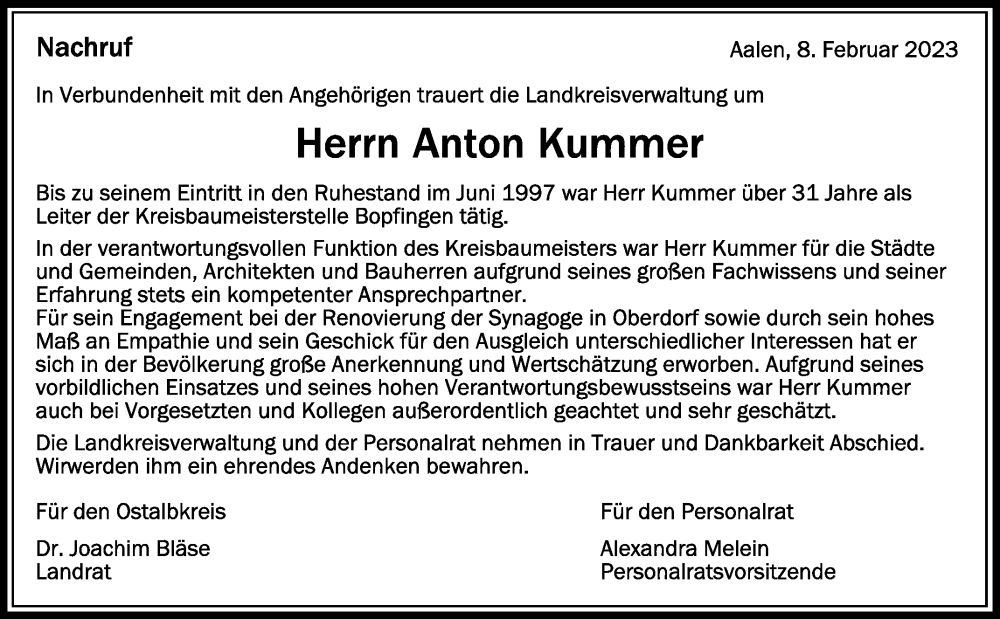  Traueranzeige für Anton Kummer vom 08.02.2023 aus Schwäbische Zeitung