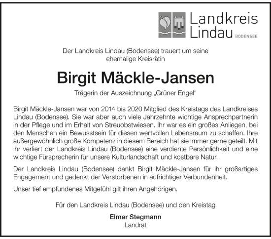 Anzeige von Birgit Mäckle-Jansen von Schwäbische Zeitung