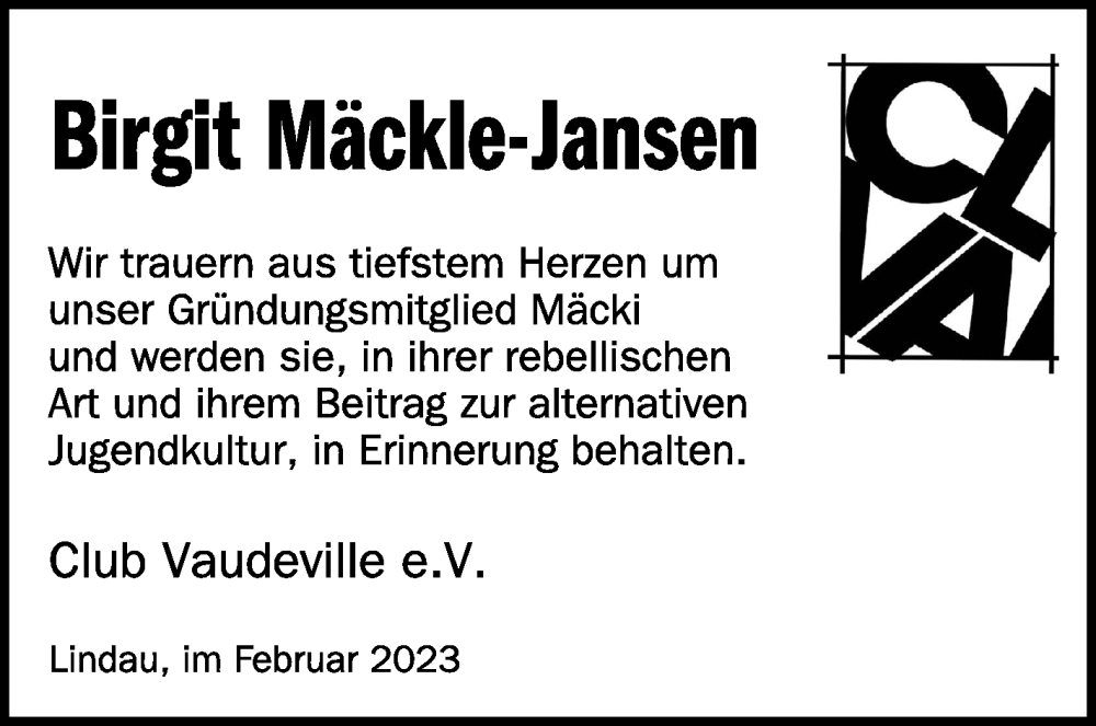  Traueranzeige für Birgit Mäckle-Jansen vom 16.02.2023 aus Schwäbische Zeitung