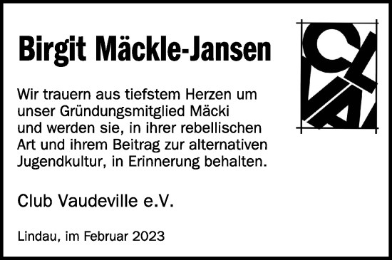 Anzeige von Birgit Mäckle-Jansen von Schwäbische Zeitung