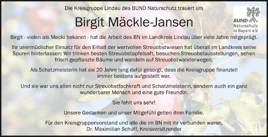 Anzeige von Birgit Mäckle-Jansen von Schwäbische Zeitung