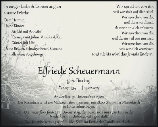 Anzeige von Elfriede Scheuermann von Schwäbische Zeitung