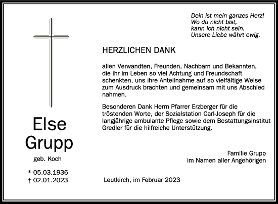 Anzeige von Else Grupp von Schwäbische Zeitung