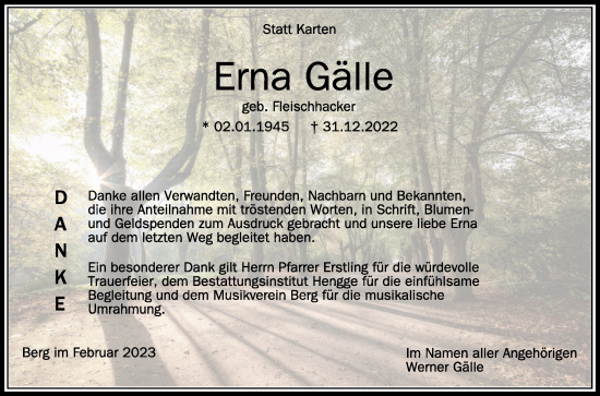 Anzeige von Erna Gälle von Schwäbische Zeitung