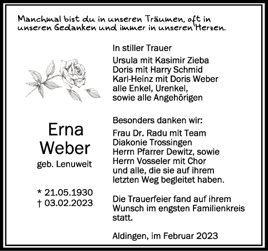 Anzeige von Erna Weber von Schwäbische Zeitung