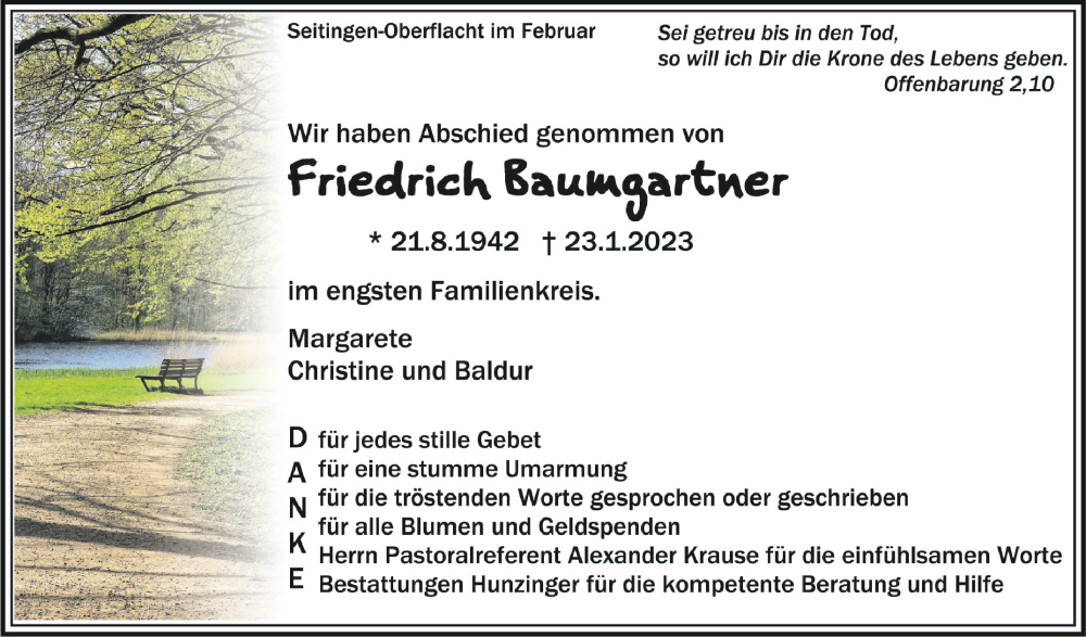  Traueranzeige für Friedrich Baumgartner vom 03.02.2023 aus Schwäbische Zeitung