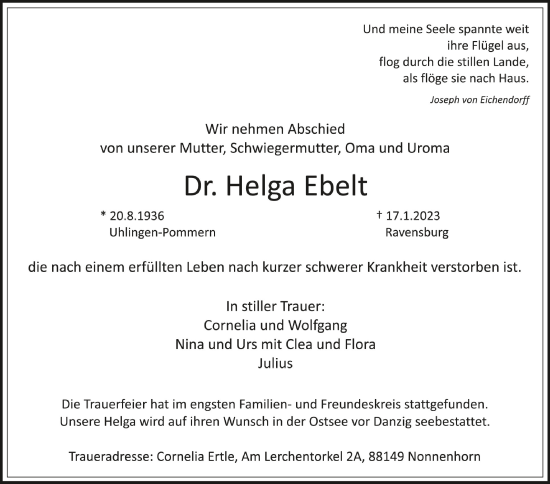 Anzeige von Helga Ebelt von Schwäbische Zeitung
