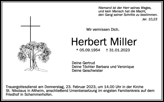 Anzeige von Herbert Miller von Schwäbische Zeitung