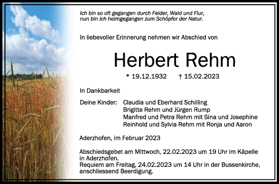 Anzeige von Herbert Rehm von Schwäbische Zeitung