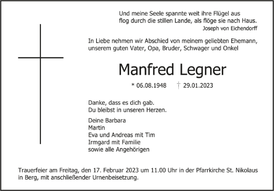 Anzeige von Manfred Legner von Schwäbische Zeitung
