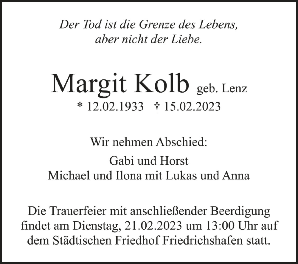  Traueranzeige für Margit Kolb vom 18.02.2023 aus Schwäbische Zeitung
