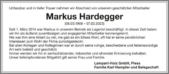 Anzeige von Markus Hardegger von Schwäbische Zeitung