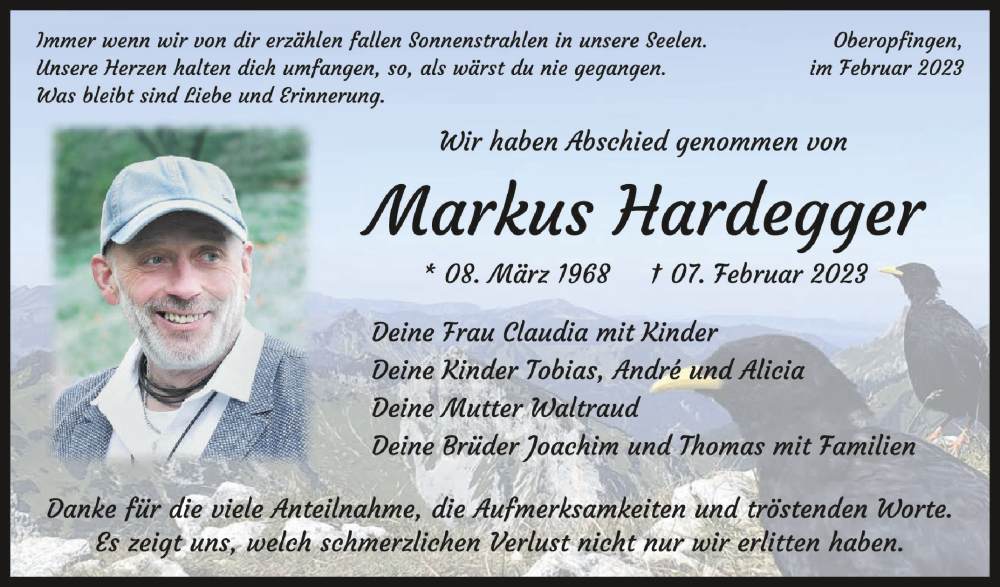  Traueranzeige für Markus Hardegger vom 25.02.2023 aus Schwäbische Zeitung