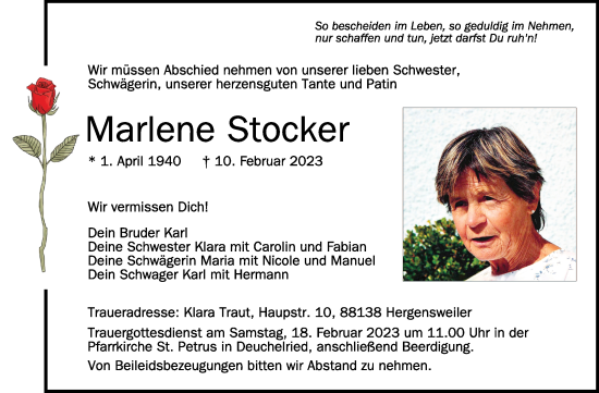 Anzeige von Marlene Stocker von Schwäbische Zeitung