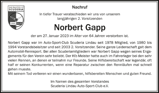 Anzeige von Norbert Gapp von Schwäbische Zeitung