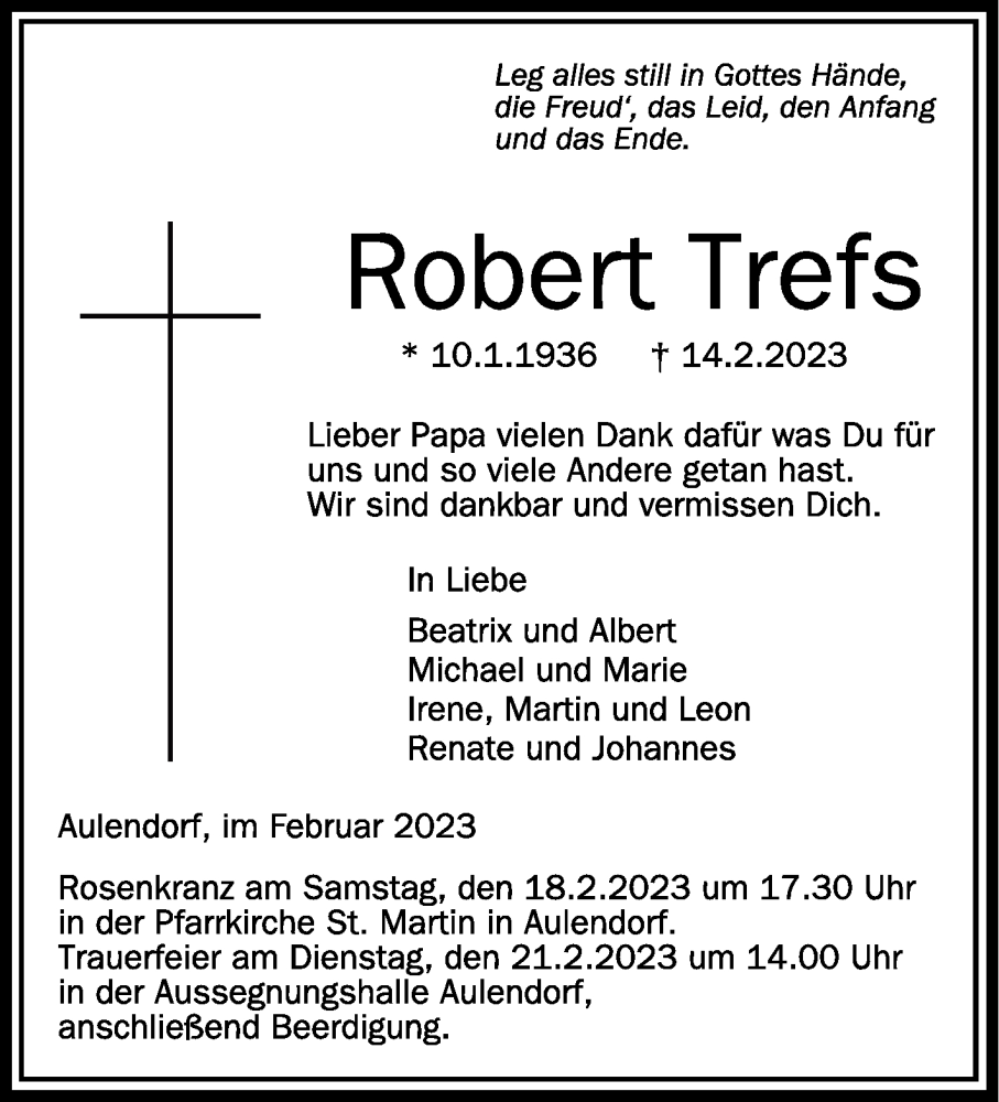 Traueranzeige für Robert Trefs vom 18.02.2023 aus Schwäbische Zeitung