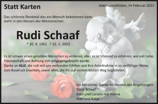 Anzeige von Rudi Schaaf von Schwäbische Zeitung