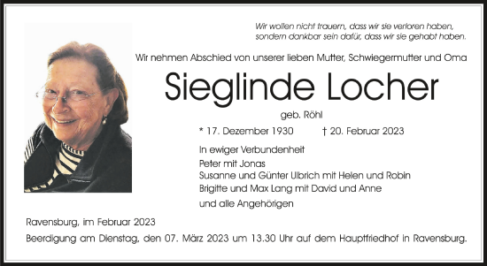 Anzeige von Sieglinde Locher von Schwäbische Zeitung