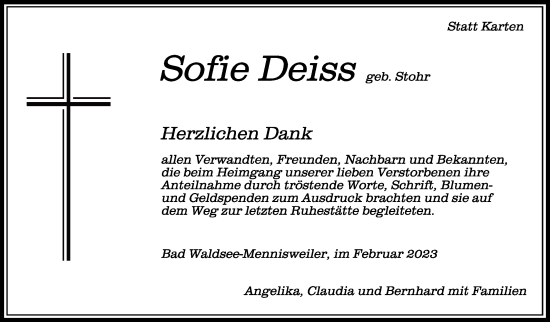 Anzeige von Sofie Deiss von Schwäbische Zeitung