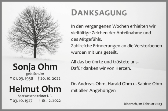 Anzeige von Sonja und Helmut Ohm von Schwäbische Zeitung