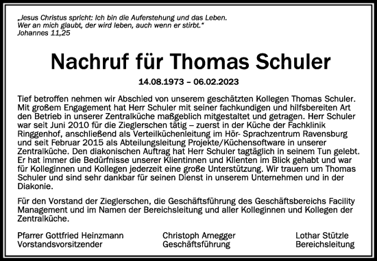 Anzeige von Thomas Schuler von Schwäbische Zeitung