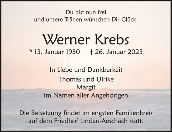 Anzeige von Werner Krebs von Schwäbische Zeitung