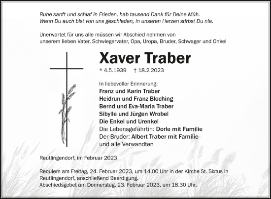 Anzeige von Xaver Traber von Schwäbische Zeitung