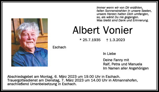 Anzeige von Albert Vonier von Schwäbische Zeitung