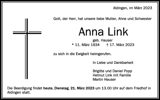 Anzeige von Anna Link von Schwäbische Zeitung