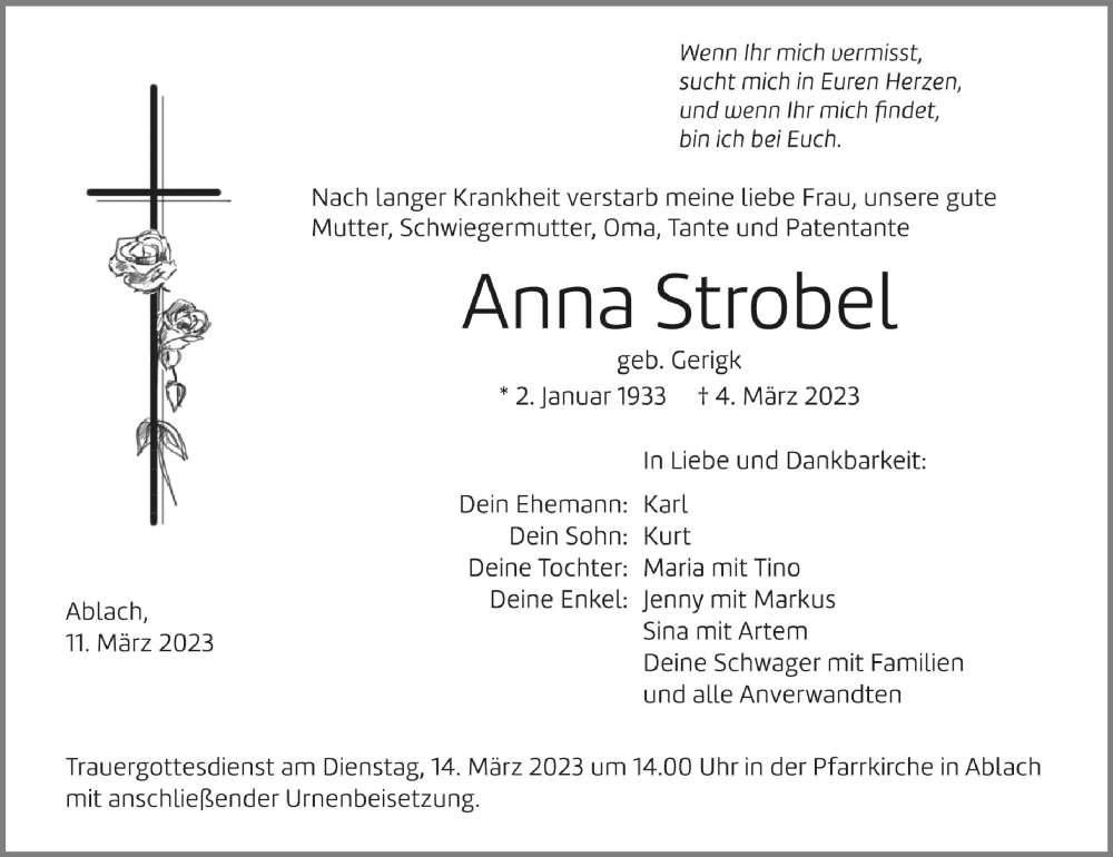  Traueranzeige für Anna Strobel vom 11.03.2023 aus Schwäbische Zeitung