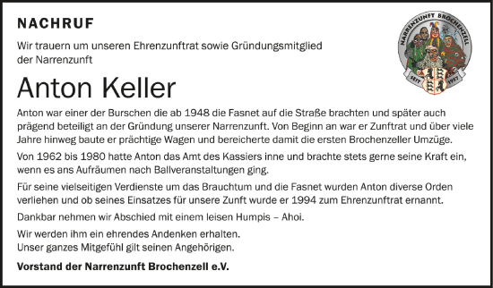 Anzeige von Anton Keller von Schwäbische Zeitung