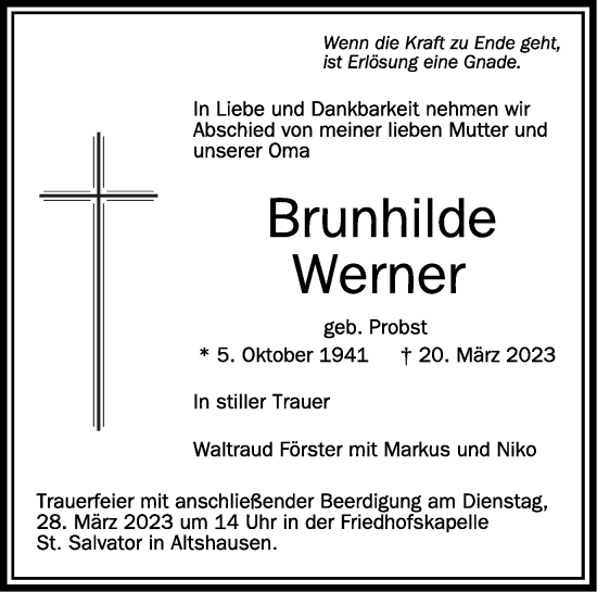 Anzeige von Brunhilde Werner von Schwäbische Zeitung