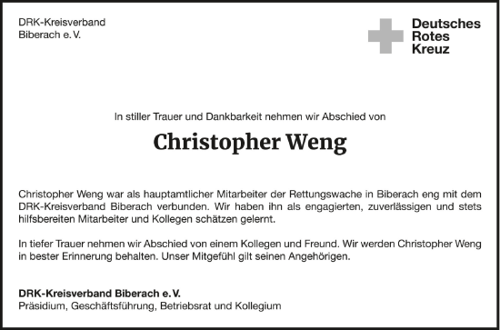 Anzeige von Christopher Weng von Schwäbische Zeitung