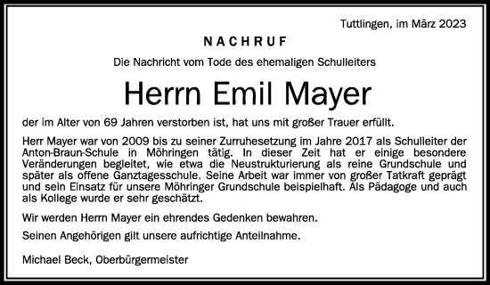 Anzeige von Emil Mayer von Schwäbische Zeitung