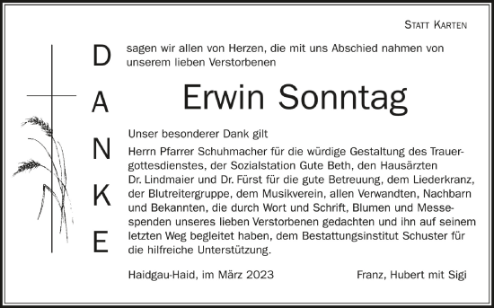 Anzeige von Erwin Sonntag von Schwäbische Zeitung