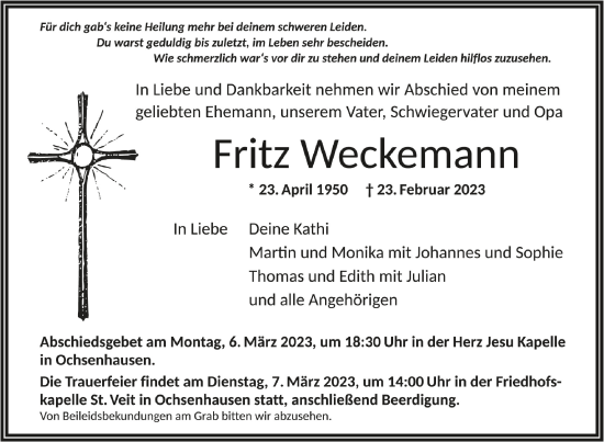 Anzeige von Fritz Weckemann von Schwäbische Zeitung
