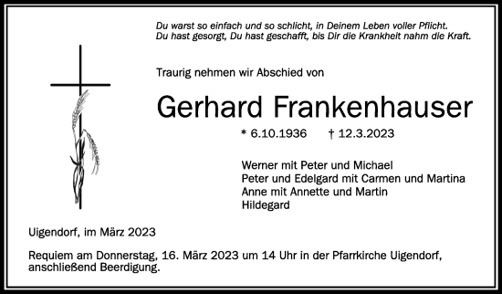 Anzeige von Gerhard Frankenhauser von Schwäbische Zeitung