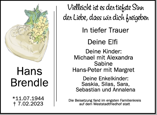 Anzeige von Hans Brendle von Schwäbische Zeitung