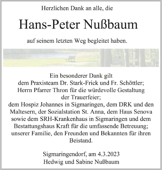 Anzeige von Hans-Peter Nußbaum von Schwäbische Zeitung