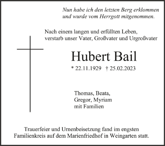 Anzeige von Hubert Bail von Schwäbische Zeitung