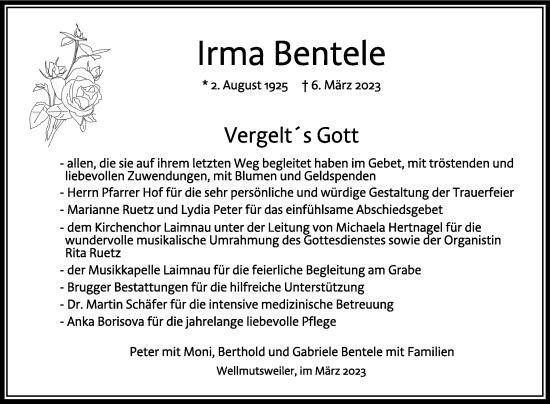 Anzeige von Irma Bentele von Schwäbische Zeitung