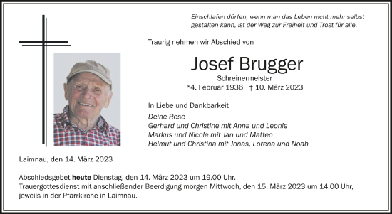 Anzeige von Josef Brugger von Schwäbische Zeitung