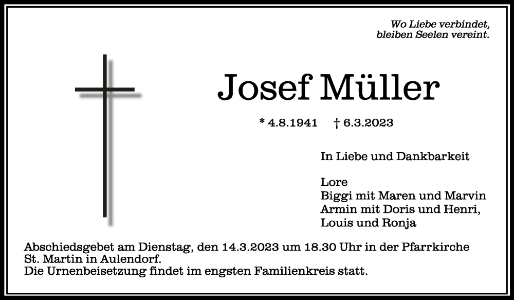  Traueranzeige für Josef Müller vom 11.03.2023 aus Schwäbische Zeitung