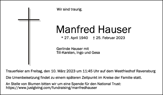 Anzeige von Manfred Hauser von Schwäbische Zeitung