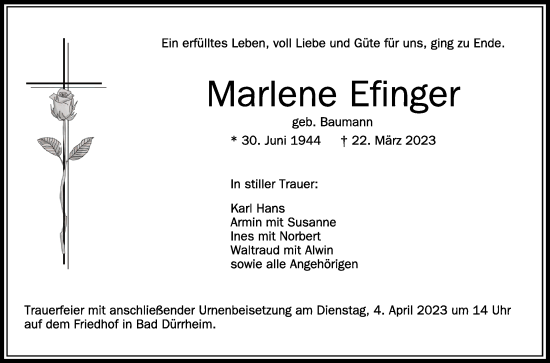 Anzeige von Marlene Efinger von Schwäbische Zeitung