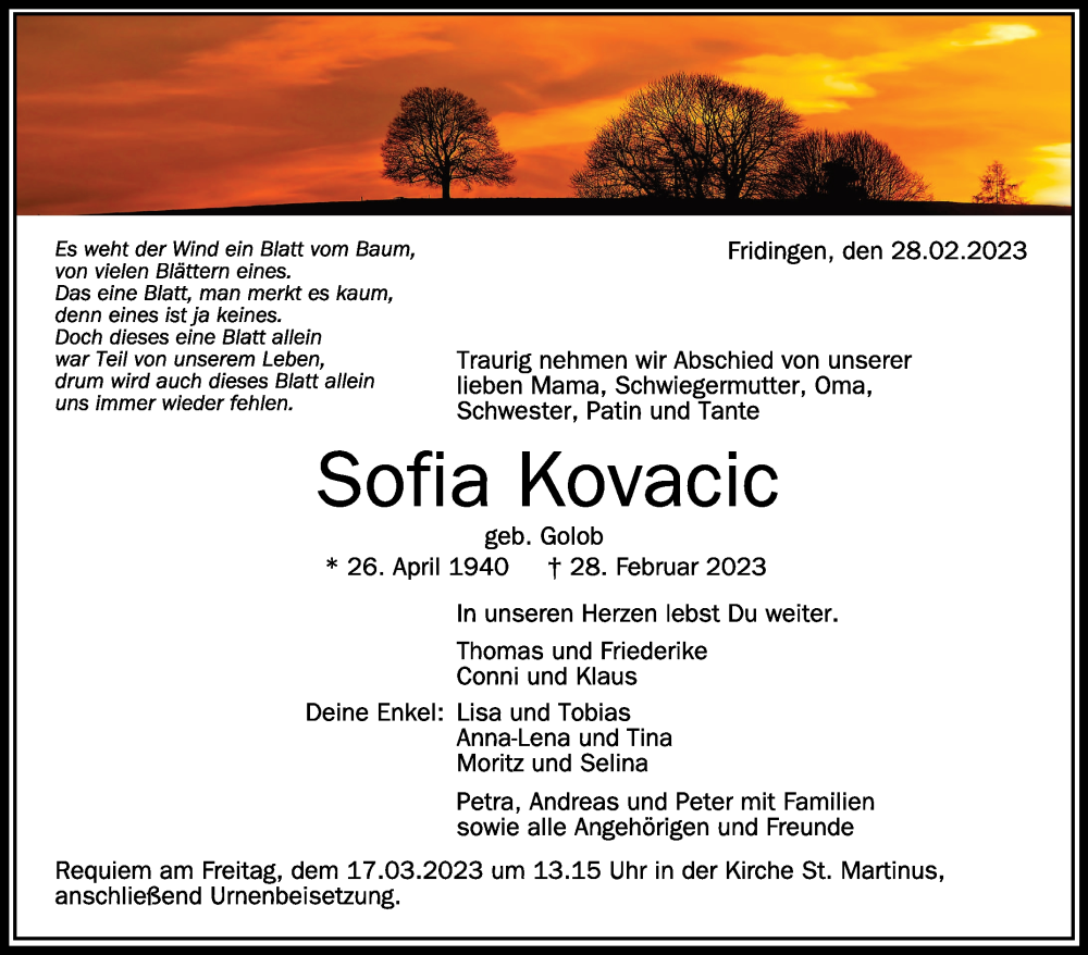  Traueranzeige für Sofia Kovacic vom 10.03.2023 aus Schwäbische Zeitung