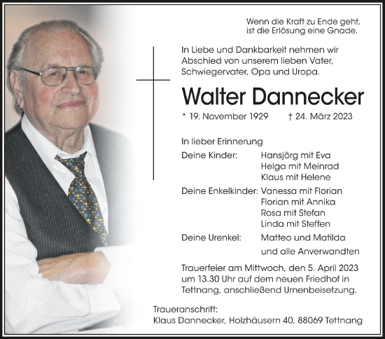 Anzeige von Walter Dannecker von Schwäbische Zeitung